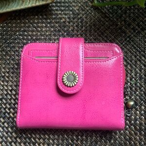 Vibrant Pink Leather Wallet with Floral Button